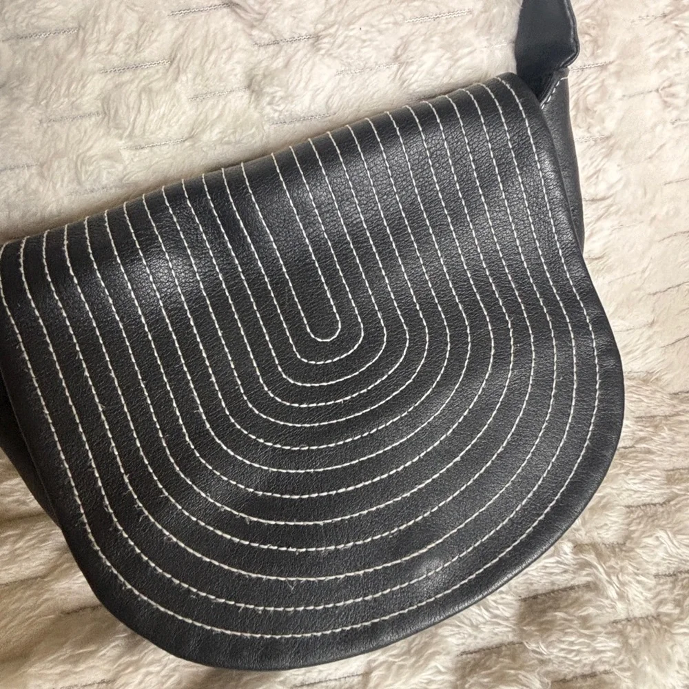 Furla Black Leather Crossbody Saddle Bag White Contrast Stitch Silver Hardware